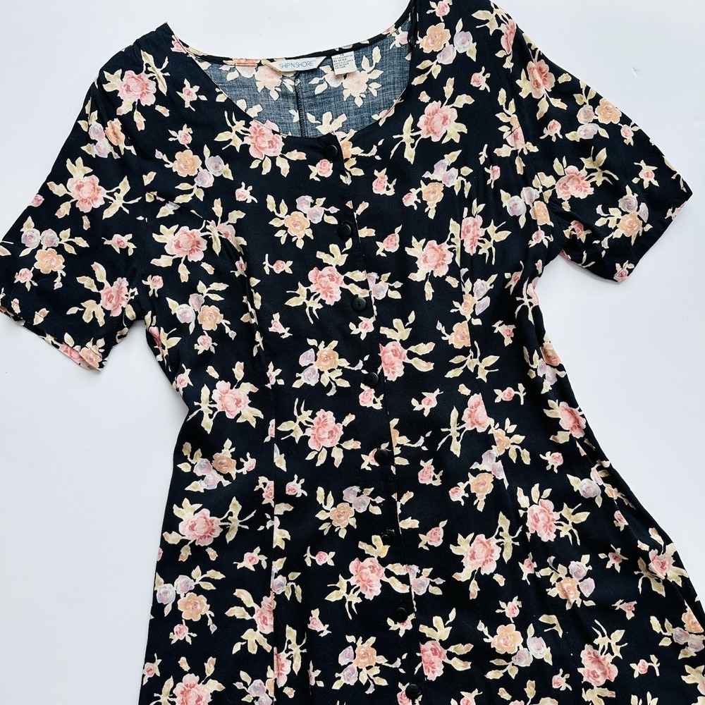 Vintage Ship N Shore Button Down Maxi Dress Womens 14 Black Floral Tie Back 90s - Picture 6 of 14